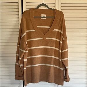 Aerie Brown and Cream Striped V-Neck Sweater